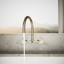Two-hole wall-mount bridge kitchen sink faucet