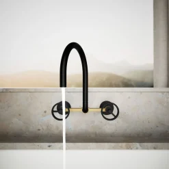 Two-hole wall-mount bridge kitchen sink faucet