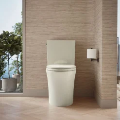 Two-piece elongated toilet with skirted trapway, 1.28 gpf