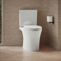 Two-piece elongated toilet with skirted trapway, 1.28 gpf