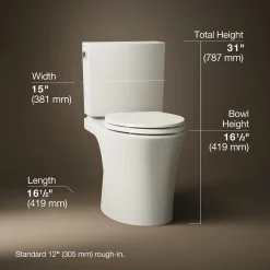 Two-piece elongated toilet with skirted trapway, 1.28 gpf