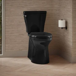 Two-piece elongated toilet with skirted trapway, 1.28 gpf