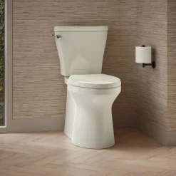 Two-piece elongated toilet with skirted trapway, 1.28 gpf
