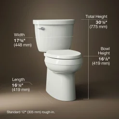 Two-piece elongated toilet with skirted trapway, 1.28 gpf