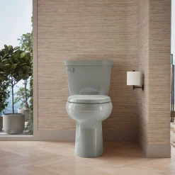 Two-piece elongated toilet with skirted trapway, 1.28 gpf