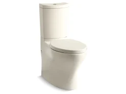 Two-piece elongated toilet with skirted trapway, dual-flush