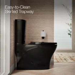 Two-piece elongated toilet with skirted trapway, dual-flush