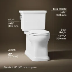 Two-piece elongated toilet with skirted trapway, 1.28 gpf