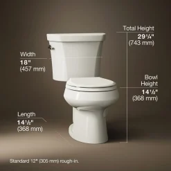 Two-piece round-front toilet, dual-flush