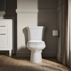 Two-piece round-front toilet, dual-flush