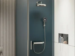 Two-way exposed thermostatic valve with shower column for rainhead and handshower