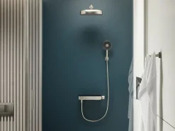 Two-way exposed thermostatic valve with shower column for rainhead and handshower