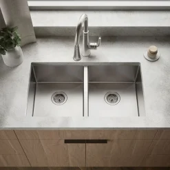 32" undermount double-bowl kitchen sink with accessories
