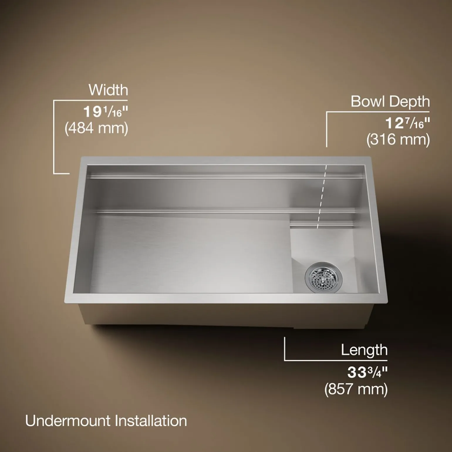 33-3/4" undermount single-bowl workstation kitchen sink